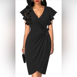 NWT! XL, Womens Deep V Neck Ruffle Sleeve Sheath Cocktail, Faux Wrap Dress